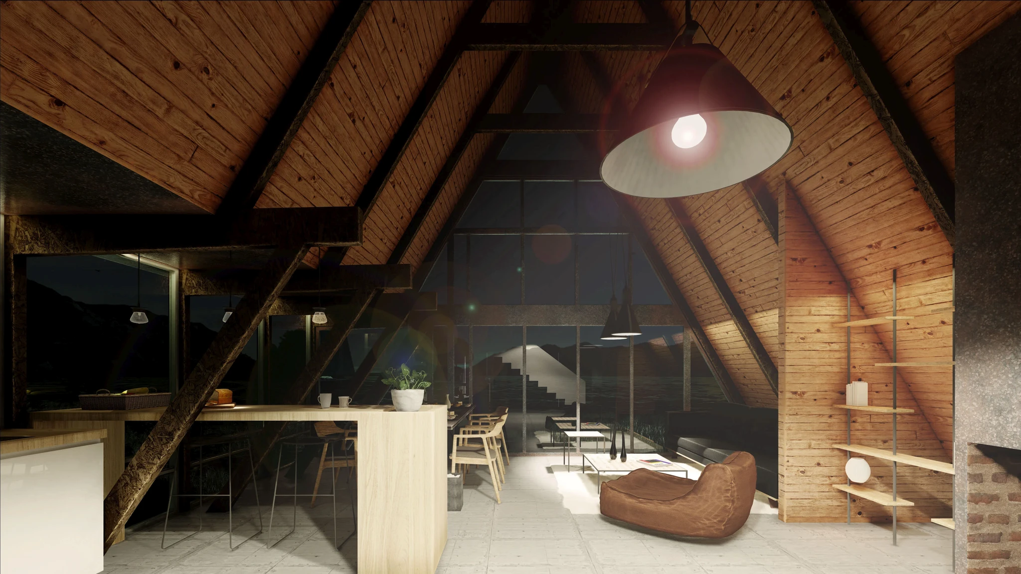 A spacious loft featuring a modern kitchen, a cozy dining area, and a comfortable living room.