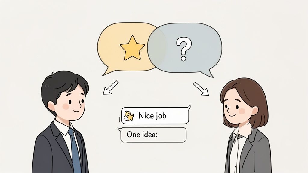 Cartoon of two professionals exchanging feedback, with symbols for praise and a new idea.