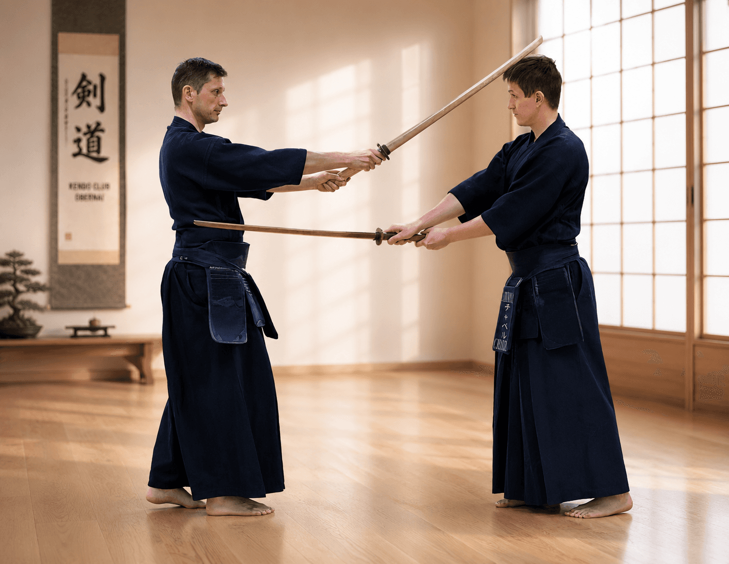 Deux adultes débutants s’exerçant au Kendo avec un shinai.