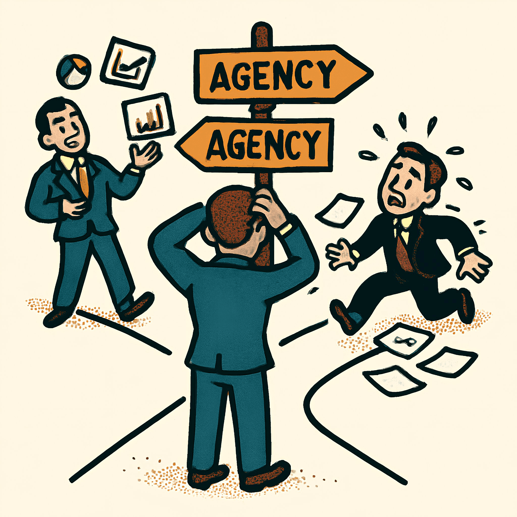 A cartoon showing two sides of agencies, one side have their stuff in check. Other side is struggling to manage.