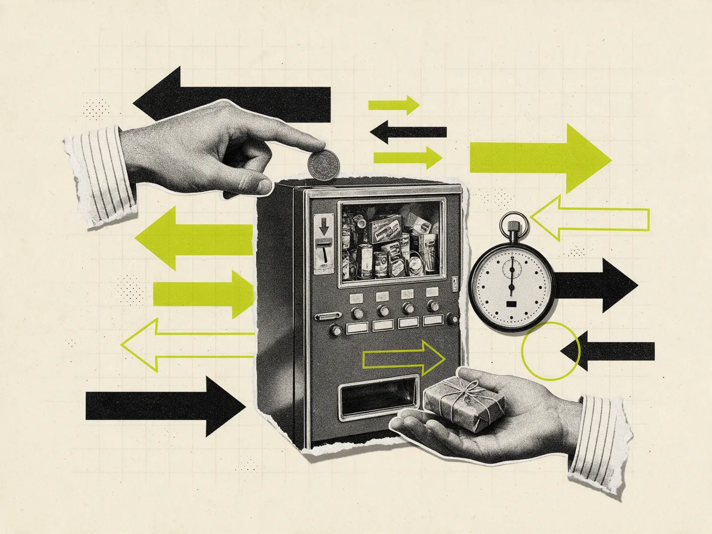 Colagem vintage: uma mão coloca a moeda na máquina automática e a outra recolhe o pacote que cai, com um cronômetro ao lado