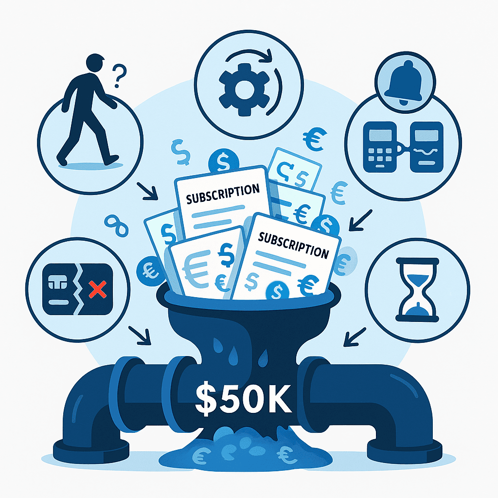 Diagram of a clogged payment pipeline fed by five root-cause icons that create subscription backlogs