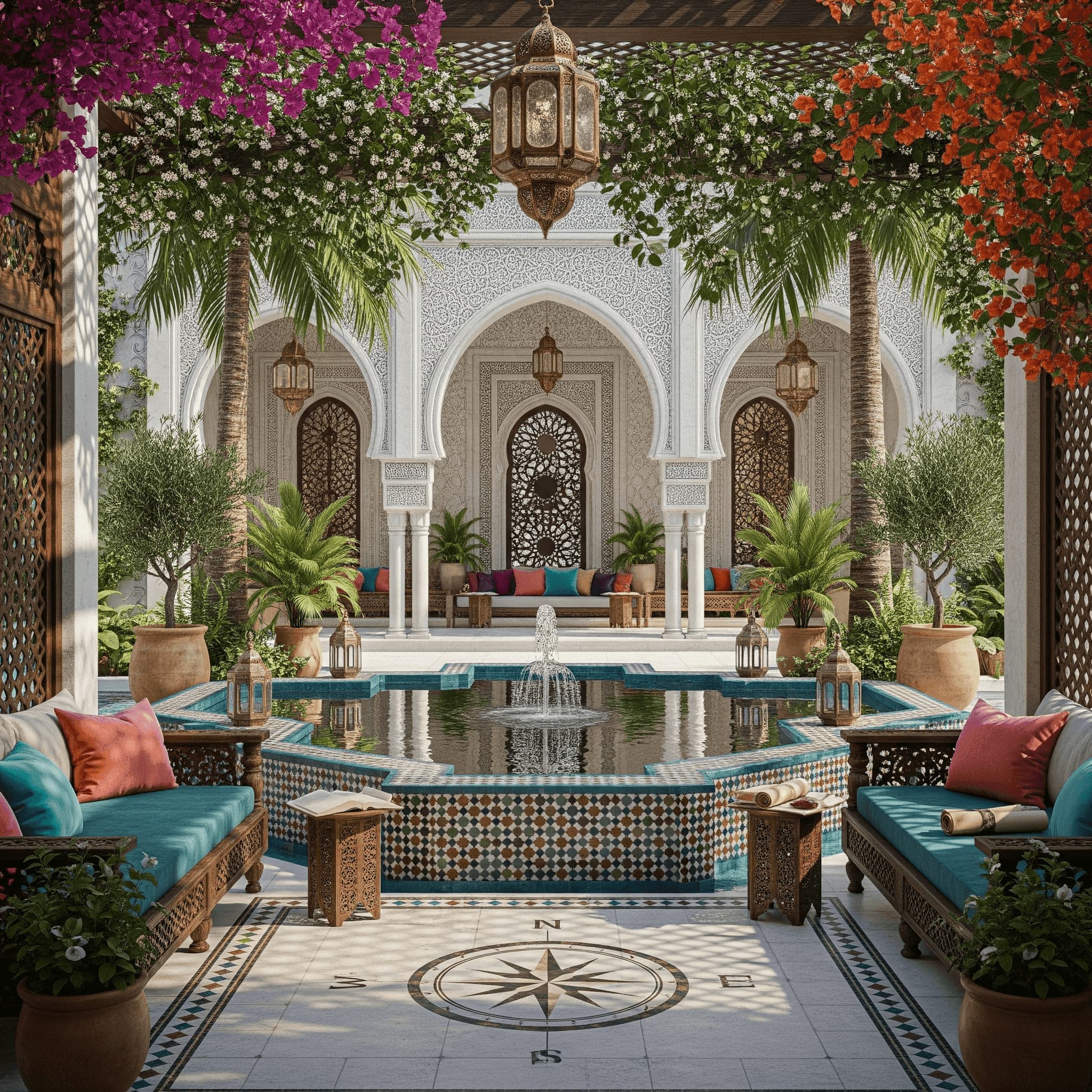 Stunning Moroccan courtyard with a central fountain, ornate arches, and lush plants.