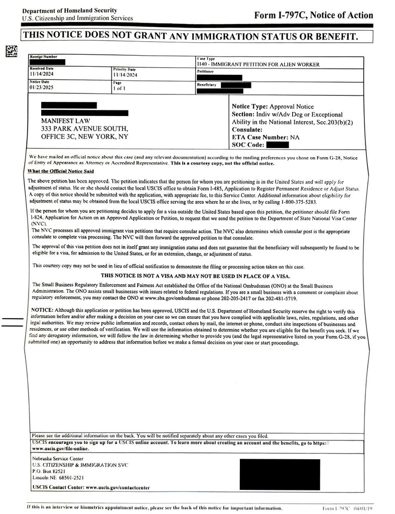Form I-797C Notice of Action. A USCIS form informing an applicant of an approval of request for change of status.