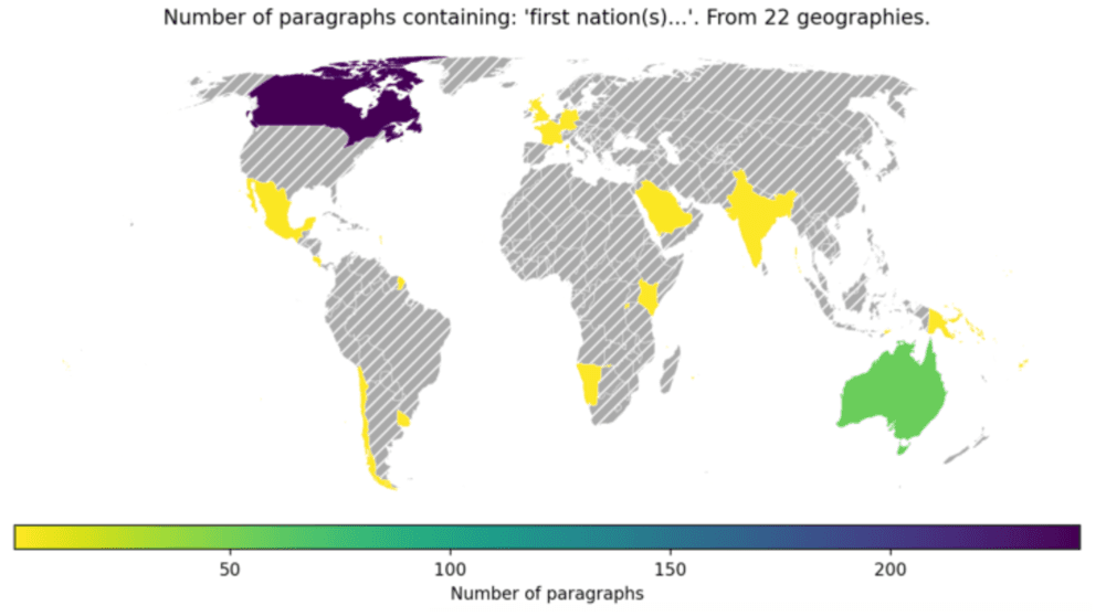 Number of paragraphs containing ‘first nation(s)’ from 22 geographies