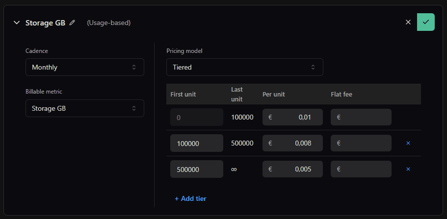 Example of how tiered pricing is working in Meteroid