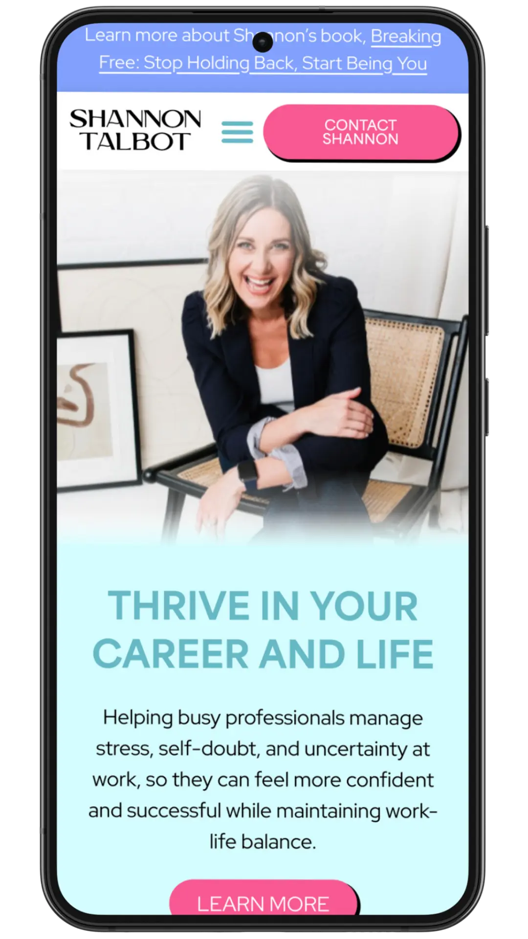 A phone screen displaying a business coaching ad featuring a woman and text about turning challenges into opportunities.