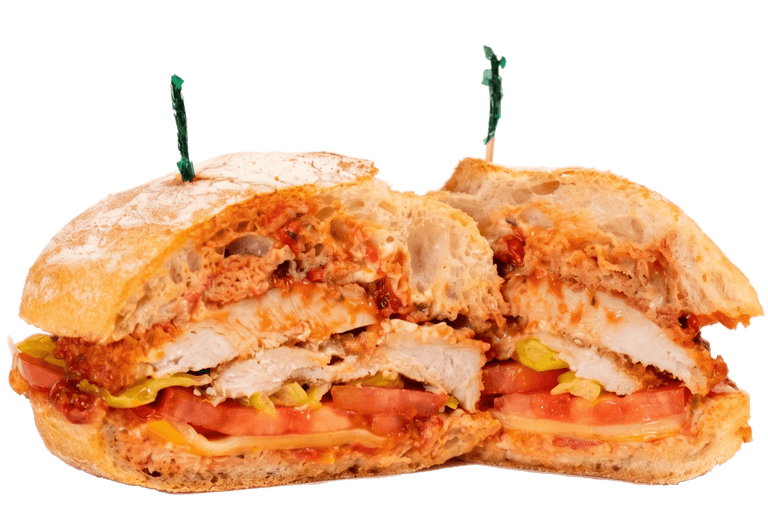 Chicken Parmesan sandwich with breaded chicken, marinara, melted cheese and tomato on ciabatta