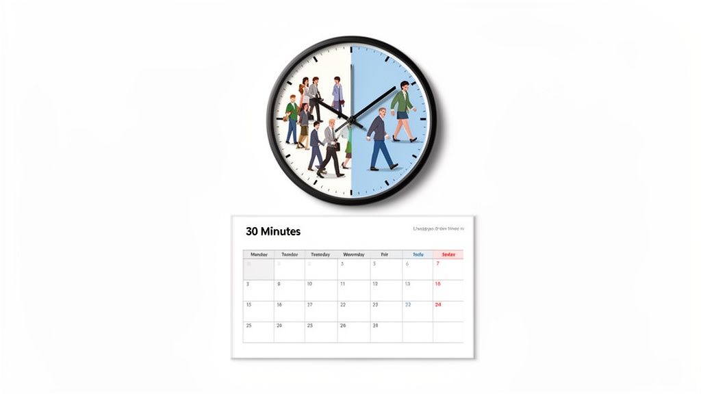 A clock depicting people walking in day and night halves, with a '30 Minutes' calendar below.