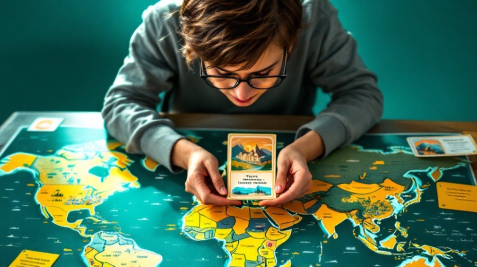 A trivia card game focused on world landmarks. A player holds up a card.