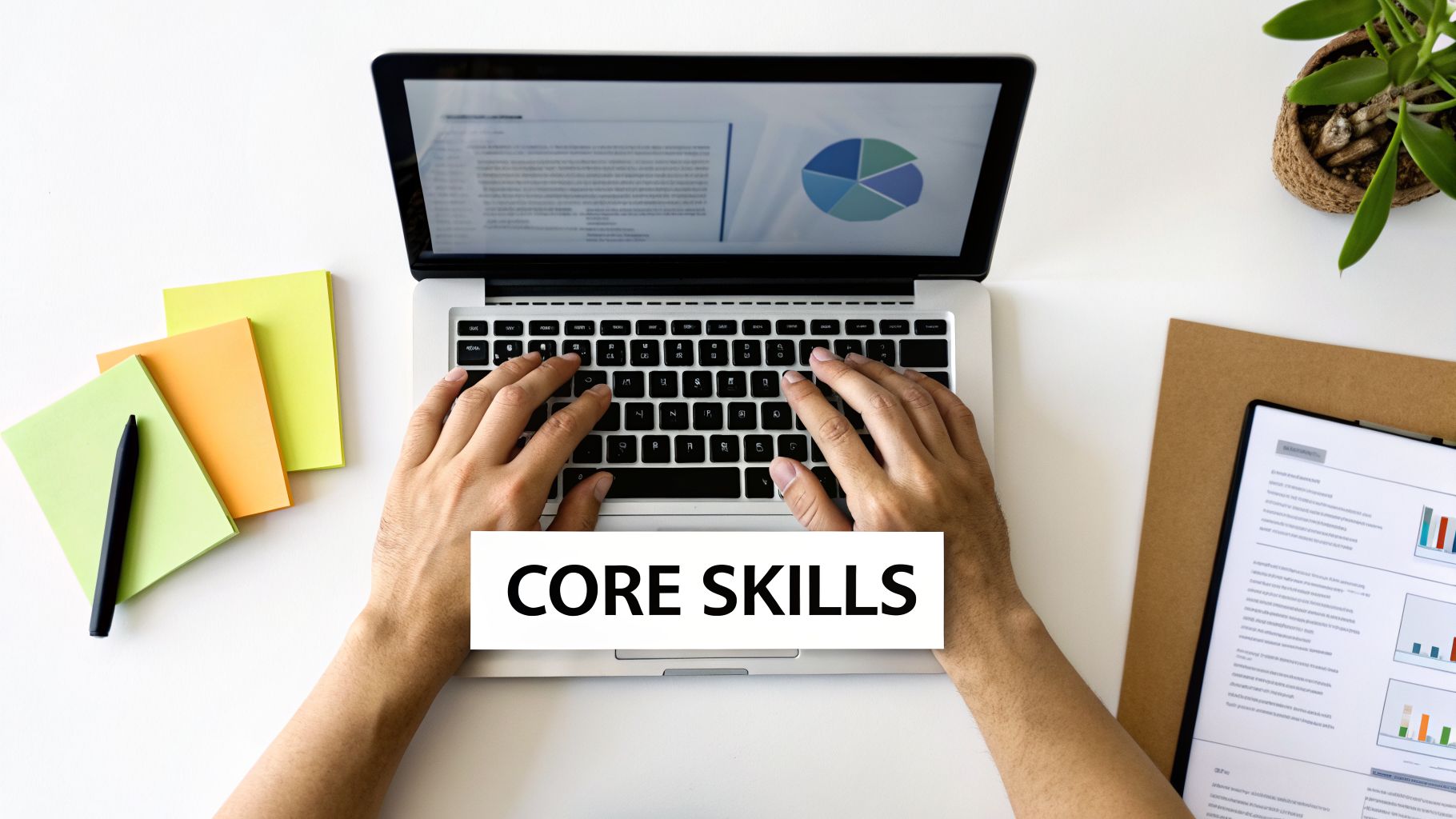 Overhead view of hands typing on a laptop with 'CORE SKILLS' text overlay, sticky notes, and documents.