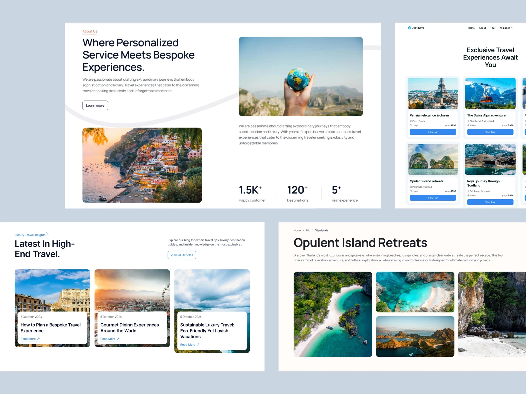Destinova travel agency template with luxury destinations, travel blog, island retreats, and customer stats.