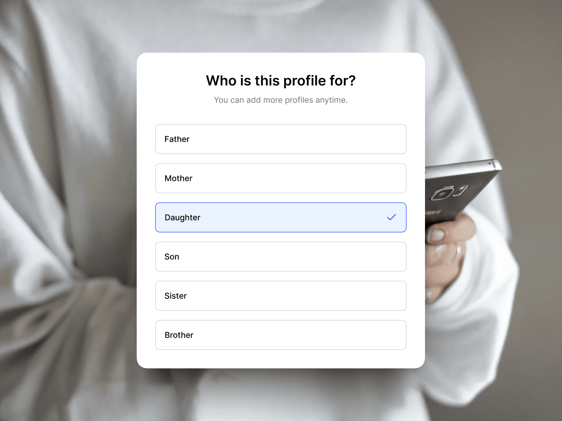 Screenshot of the AI Health Clinic family profile setup screen with relationship options, overlaid on a photo of a person holding a phone.