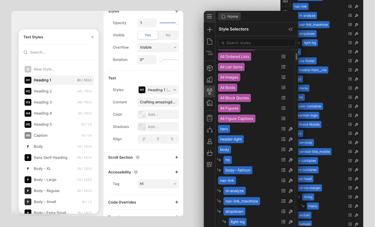 A comparison of styling panels in Framer (left) and Webflow (right).
