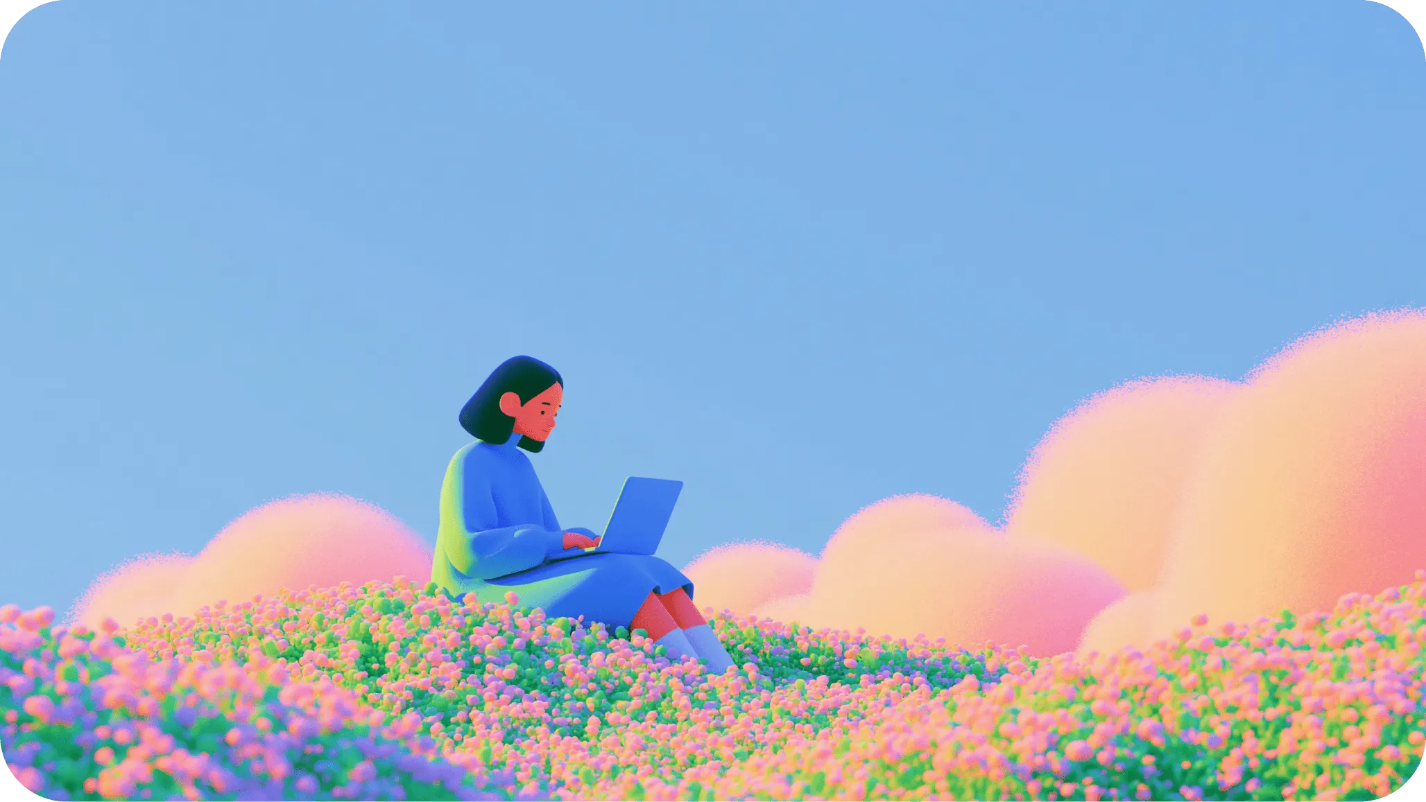 Illustrated woman using a laptop while sitting in a colourful meadow