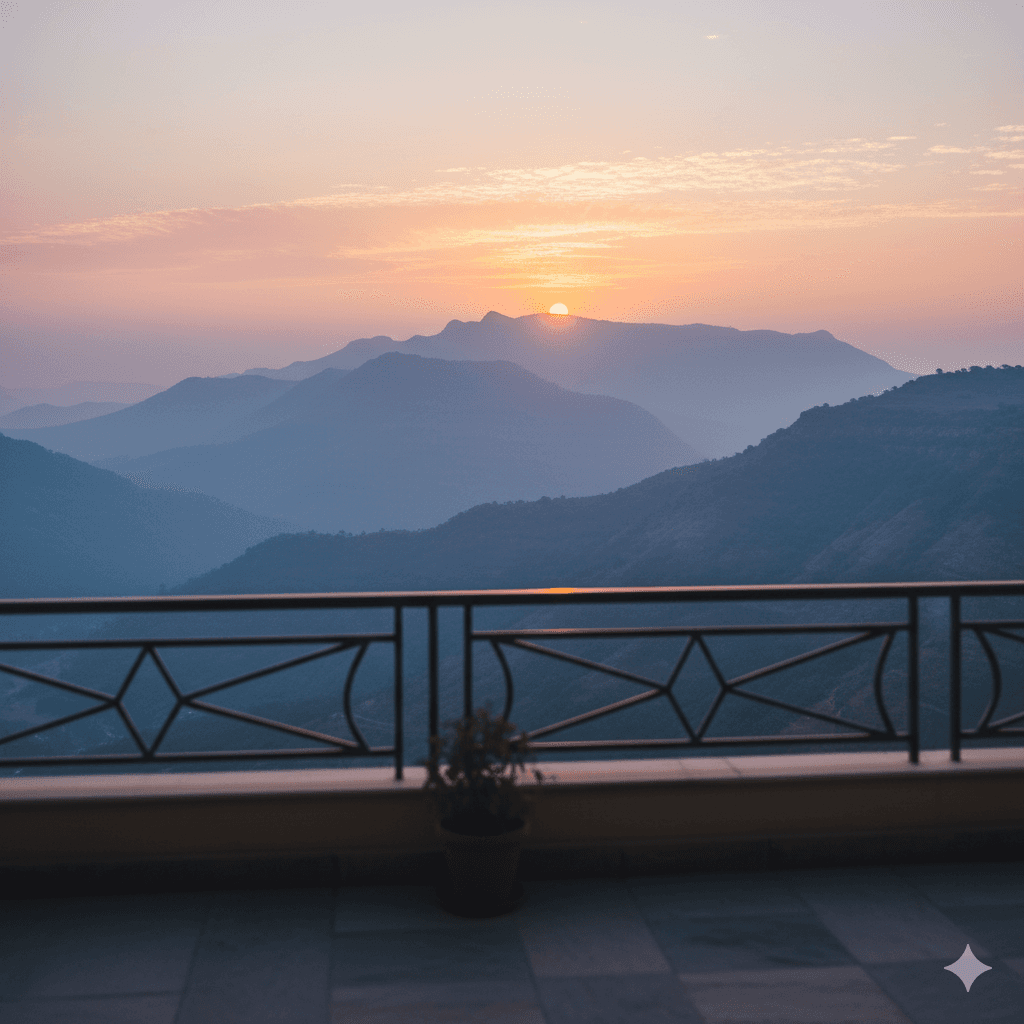Sunrise view of the Aravalli Hills from a high-rise balcony in Smart World Select, Gurugram
