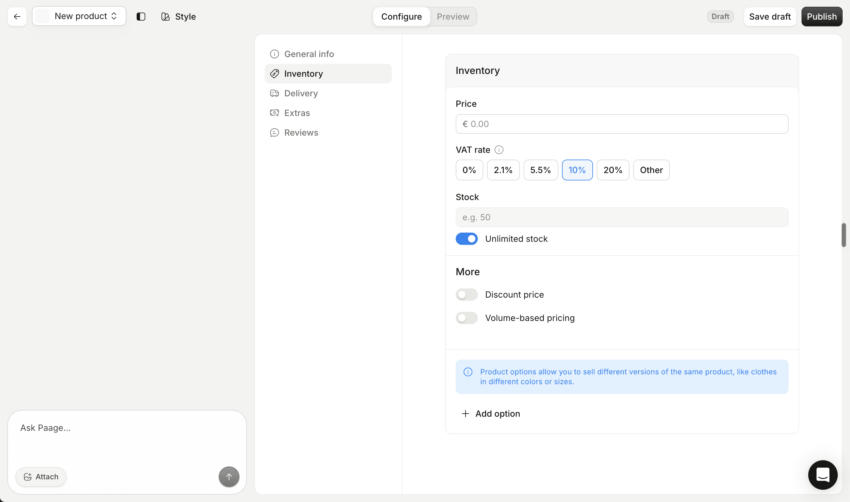 Paage physical product editor showing size and color variants with stock tracking