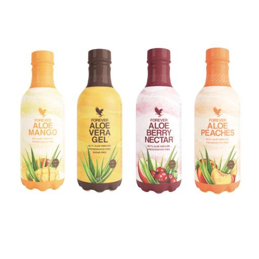 Četiri Forever aloe vera napitka: mango, original gel, berry nectar i peaches okusi