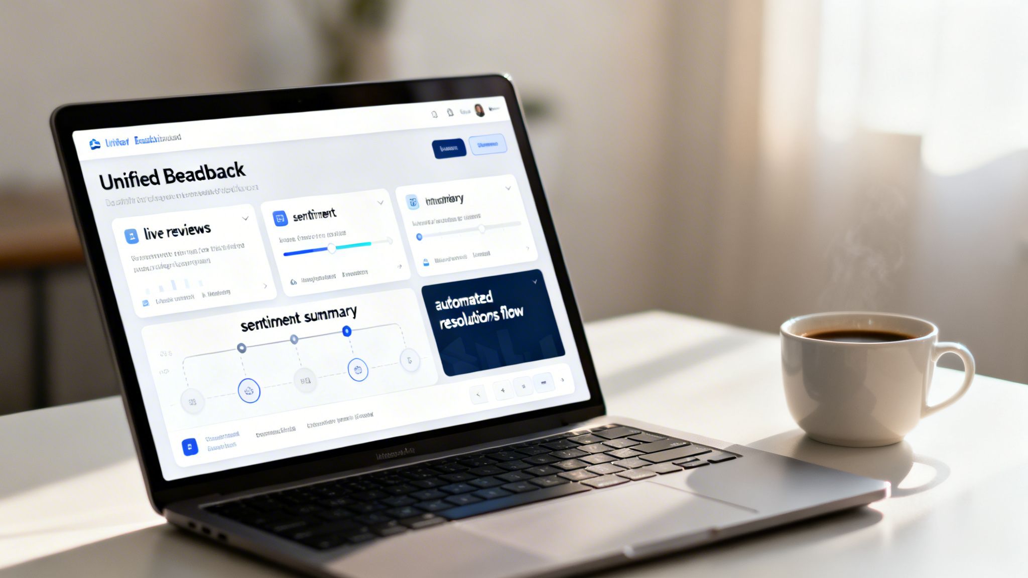 A laptop displaying a customer feedback dashboard with live reviews and sentiment analysis, next to a coffee cup.