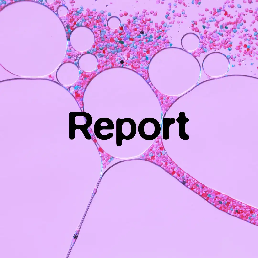 The word "Report" in bold black text centered over a purple background featuring abstract oil bubbles and colorful pink and blue speckles.