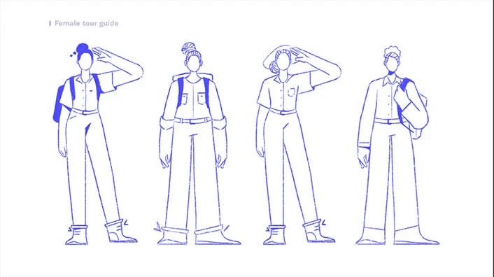 sketches in different poses of a full body a female tour guide
