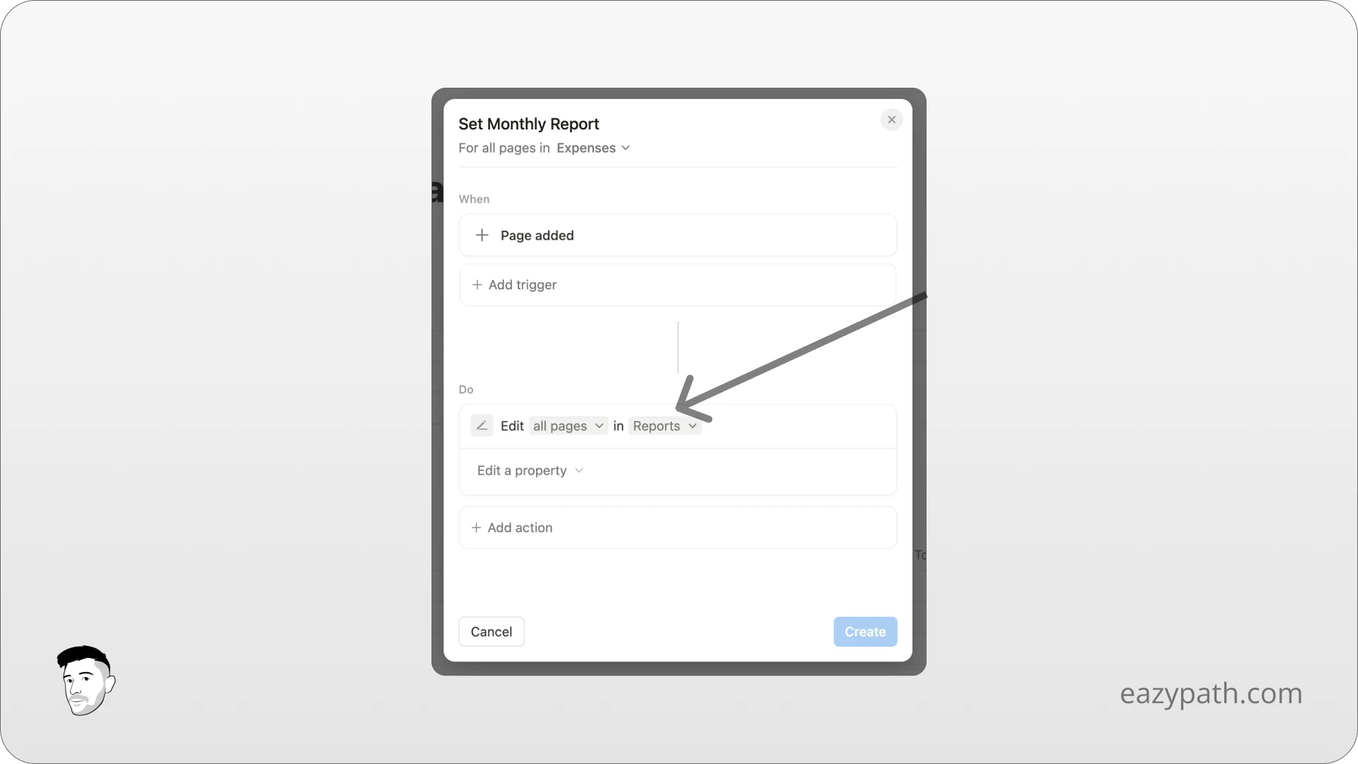 Specific Uses Cases of Notion Database Automations - Link an expense to a Monthly Report - Action database
