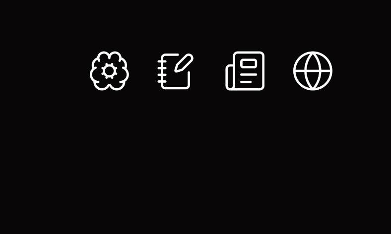 Four white outline icons on black: settings gear, edit document, file, and globe.