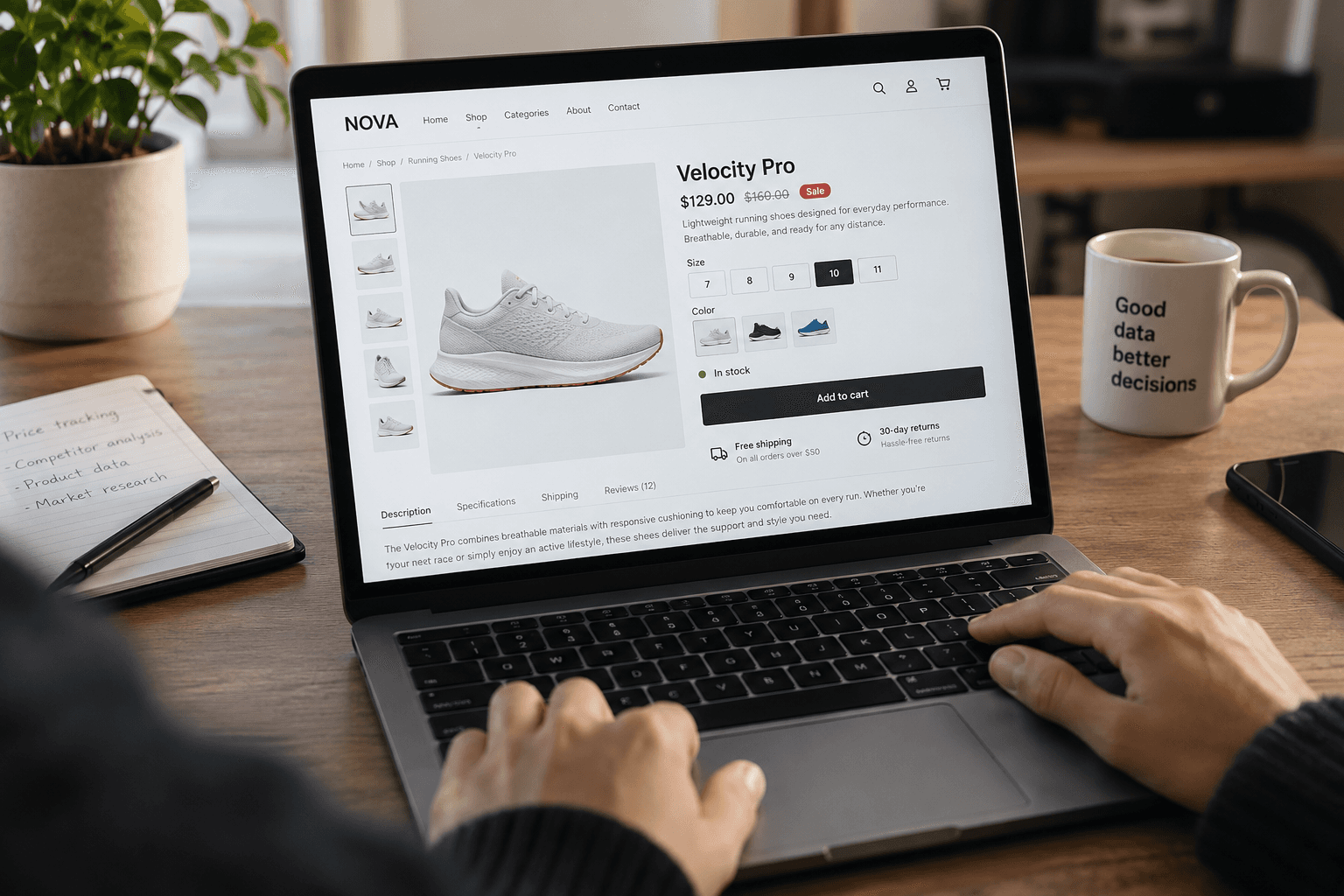 WooCommerce product page with product price, stock, variations and images for product data scraping