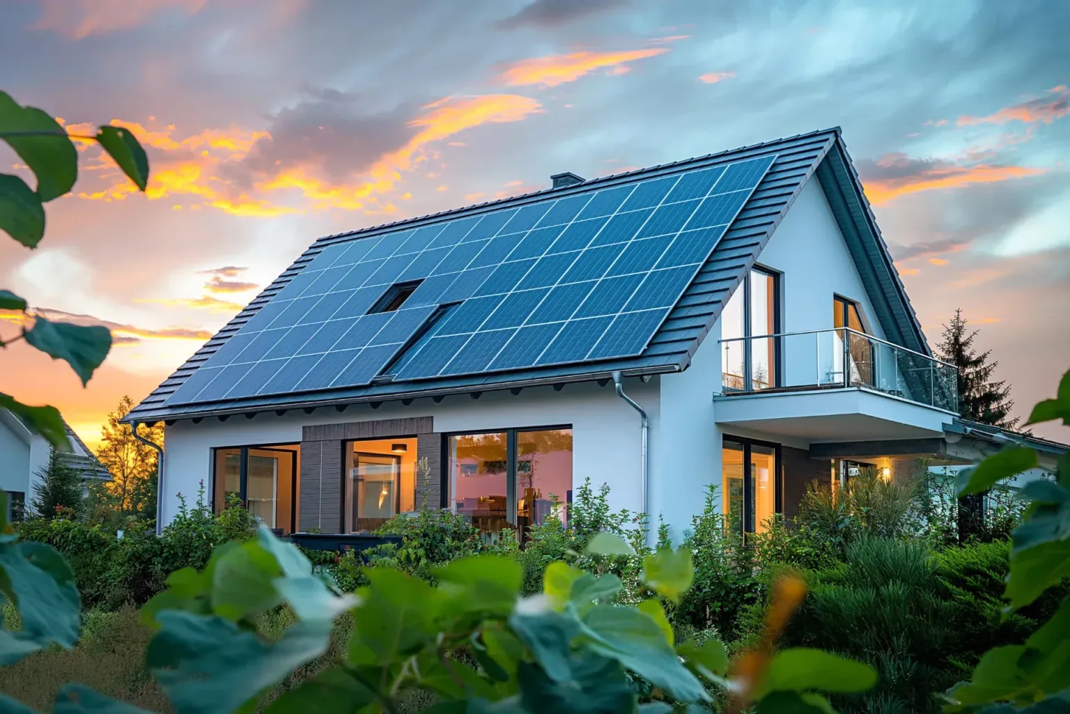 Ein modernes Haus mit einem mit Solarpaneelen ausgestatteten Dach, umgeben von Grünflächen, vor einem farbenfrohen Sonnenuntergangshimmel.