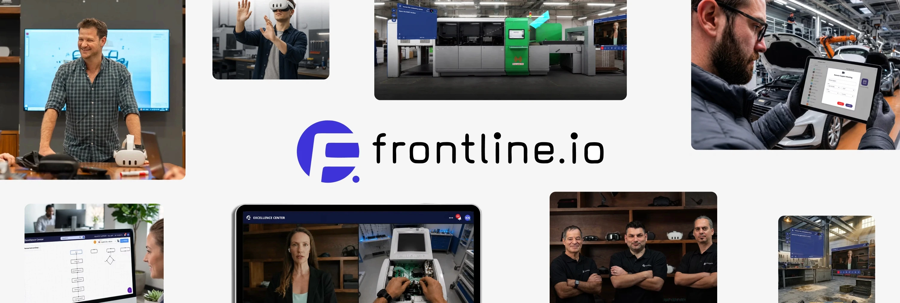 Frontline.io logo surrounded by photos of workers using VR headsets and AR-guided remote support tools on a factory floor