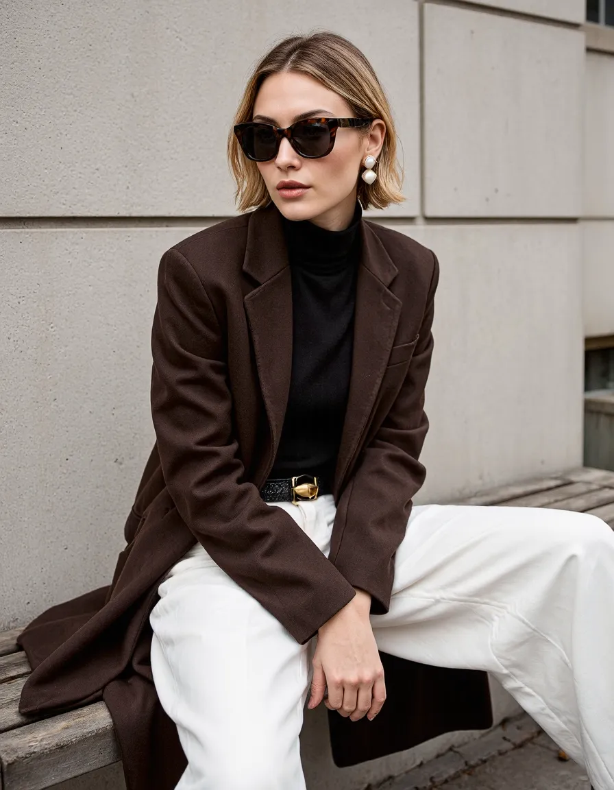 Woman in brown blazer and black turtleneck with sunglasses, professional fashion photography style