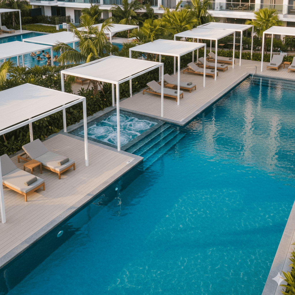 Resort swimming pool with shaded cabanas and jacuzzi at the M3M project in Noida.