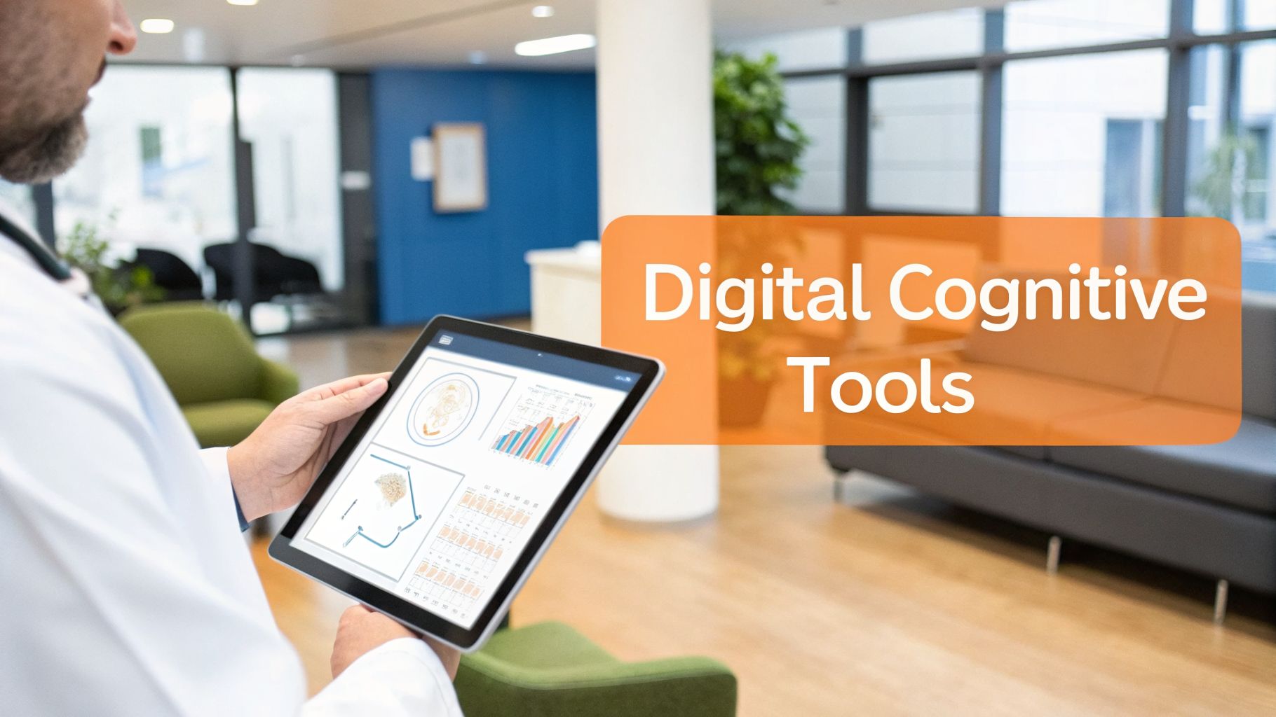 A doctor reviews medical data and charts on a tablet, showcasing digital cognitive tools in a clinic.