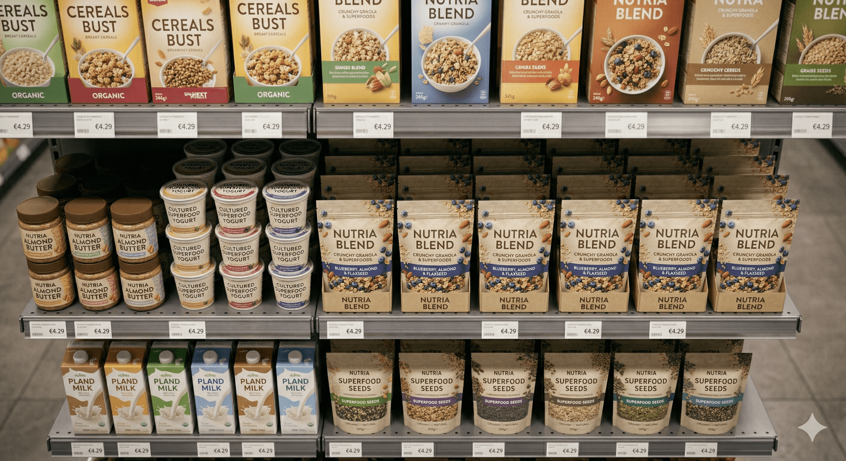 Einzelhandels-Regalplanogramm-Layout mit in Reihen und Fronten angeordneten Konsumgütern