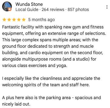 Five-star review screenshot for Legacy Muscle Universe Koh Samui, showcasing member satisfaction with top-tier gym facilities.