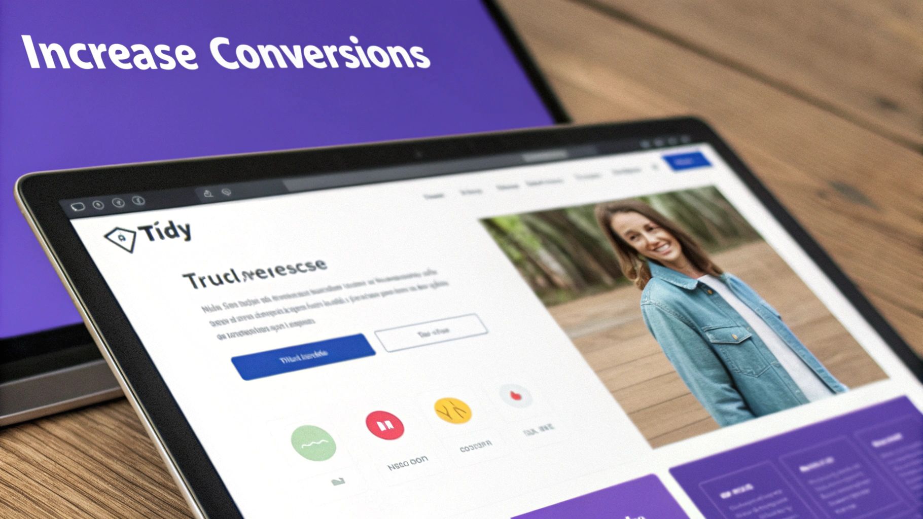A tablet displays a website with a smiling woman, while a laptop in the background shows 'Increase Conversions'.