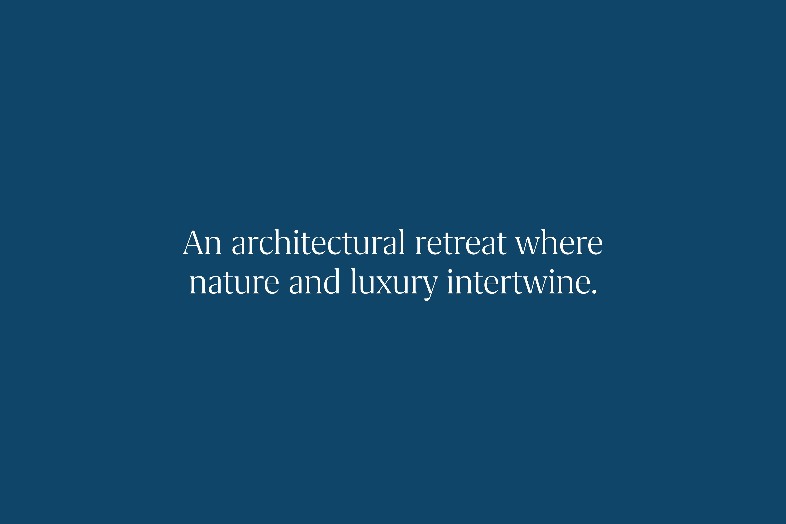 Molaya Bay brand key messaging reading “An architectural retreat where nature and luxury intertwine.” on a teal background.