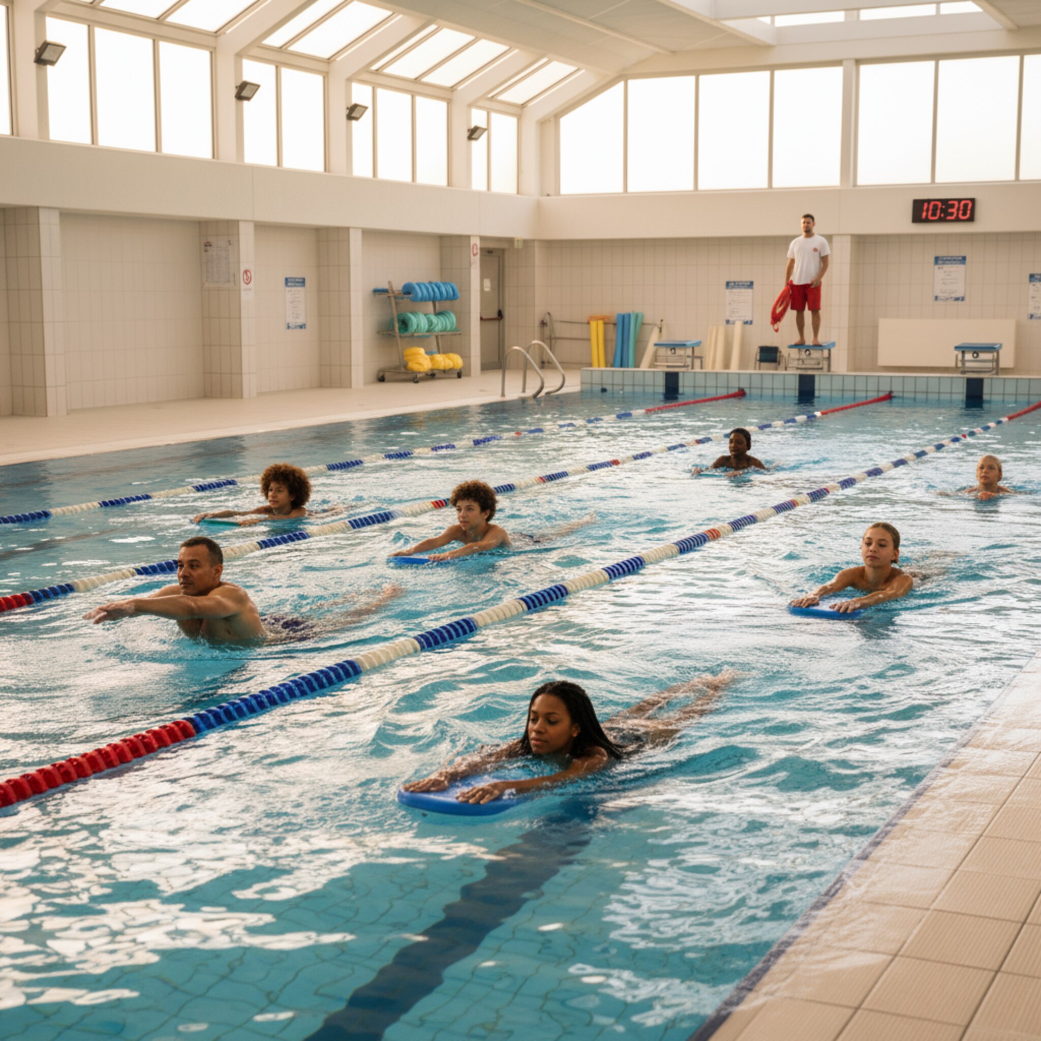 Schwimmbad mit deutlich markierten Bahnen, unterschiedliche Gruppen beim Bahnenziehen, dezente Aufsicht am Beckenrand, klare Wasserreflexionen, realistischer Stil