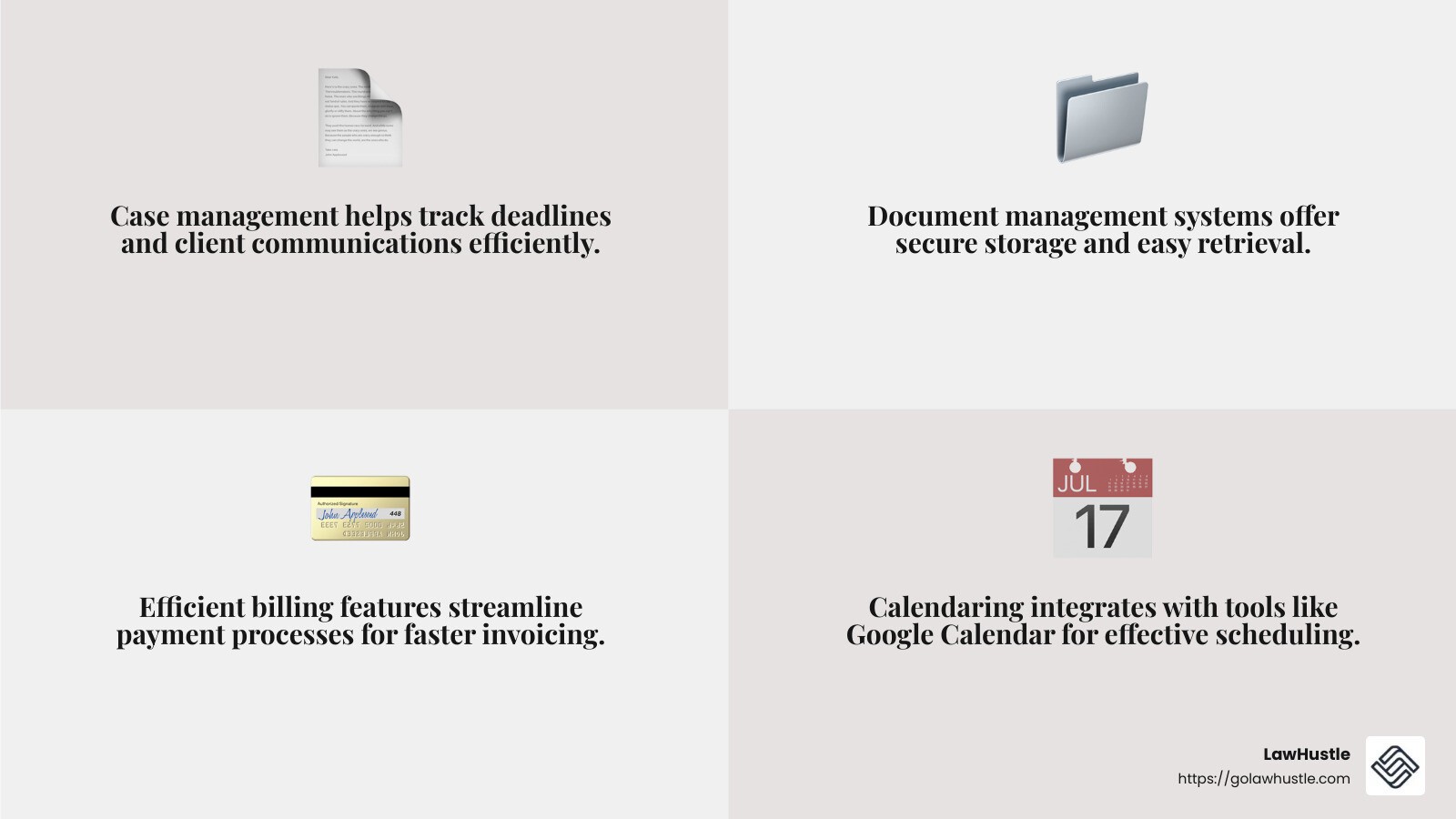 Key features of attorney client management software include case management, document management, billing, calendaring, and task management. - attorney client management software infographic 4_facts_emoji_grey