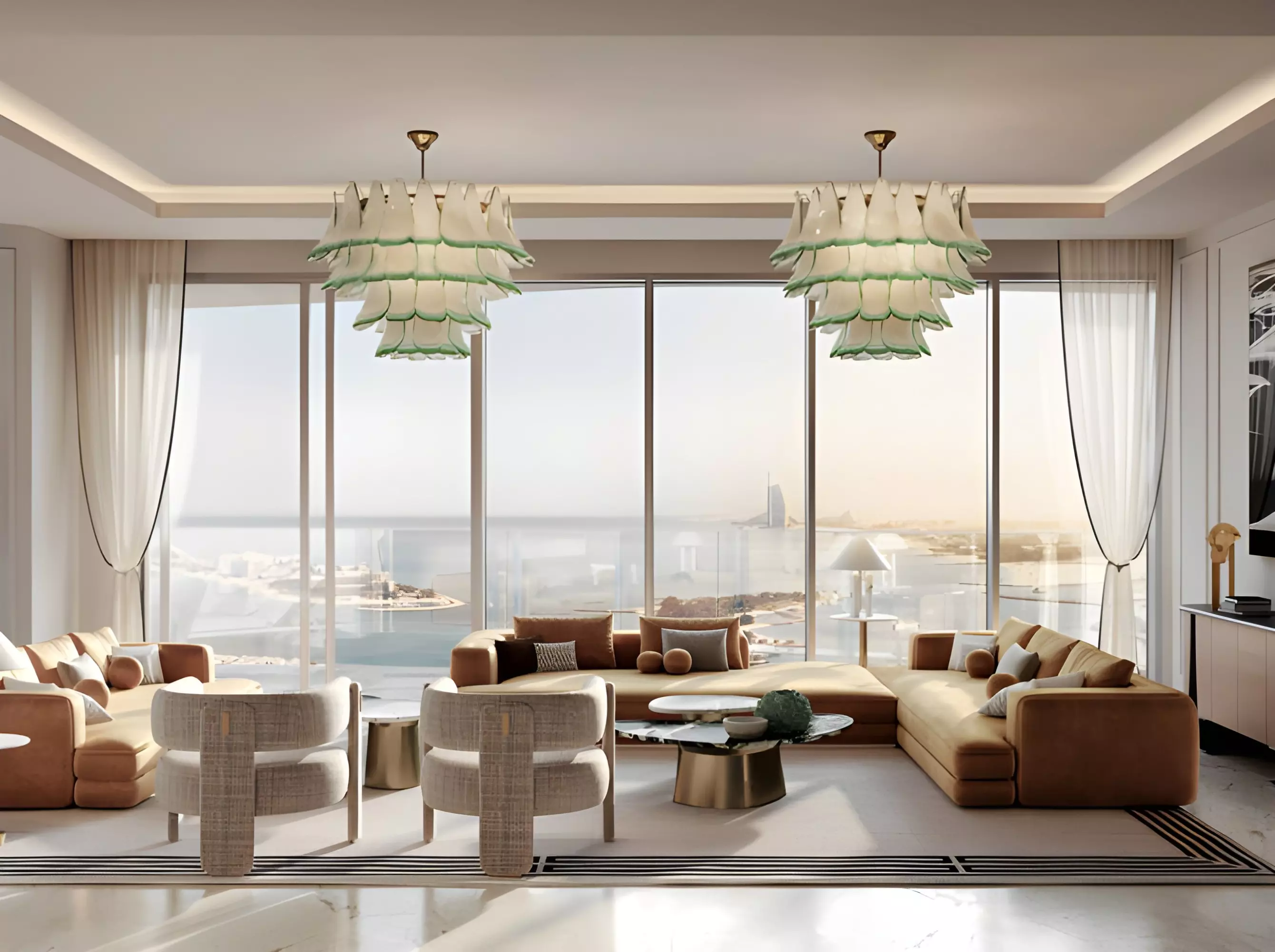 Spacious living room with floor-to-ceiling windows and panoramic sea views at The Bristol in Dubai