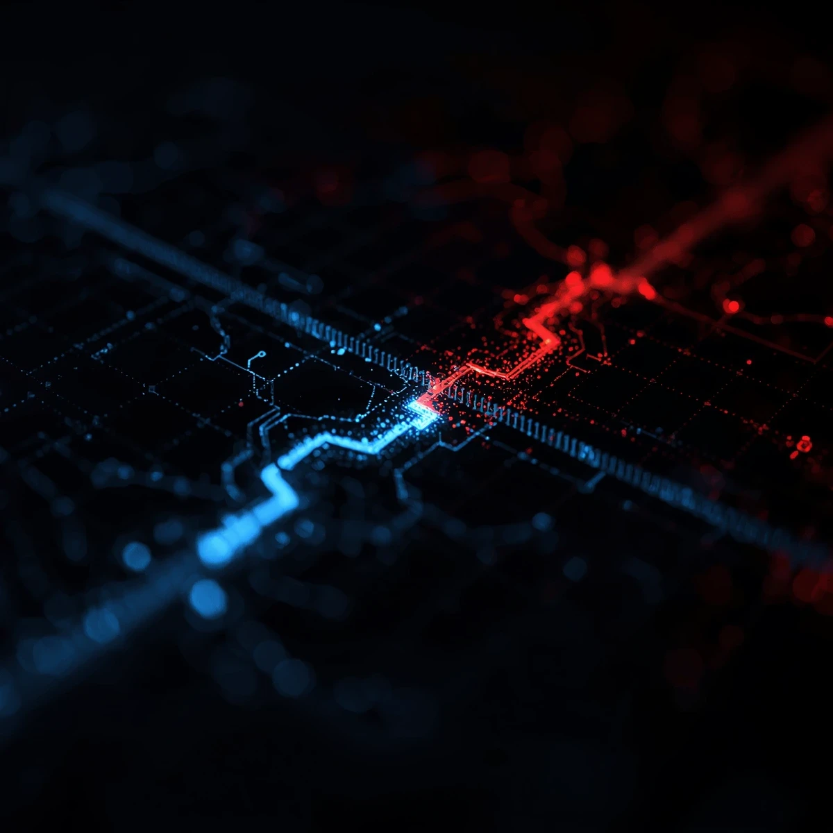 Abstract 3D visualization showing algorithmic software severing an inefficient route path to protect field margins.