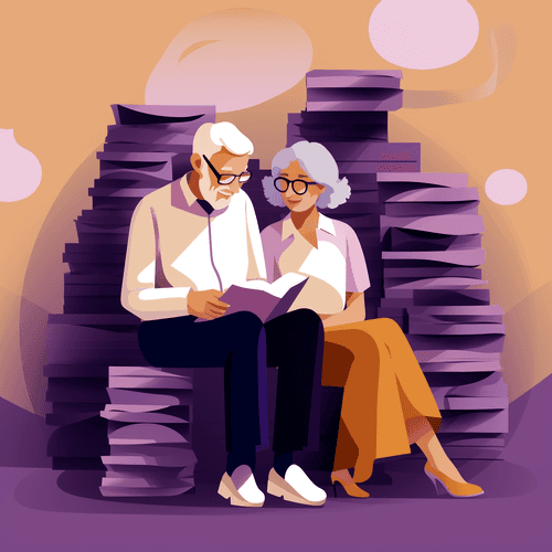 An elderly couple sitting closely together, engrossed in reading a book. 