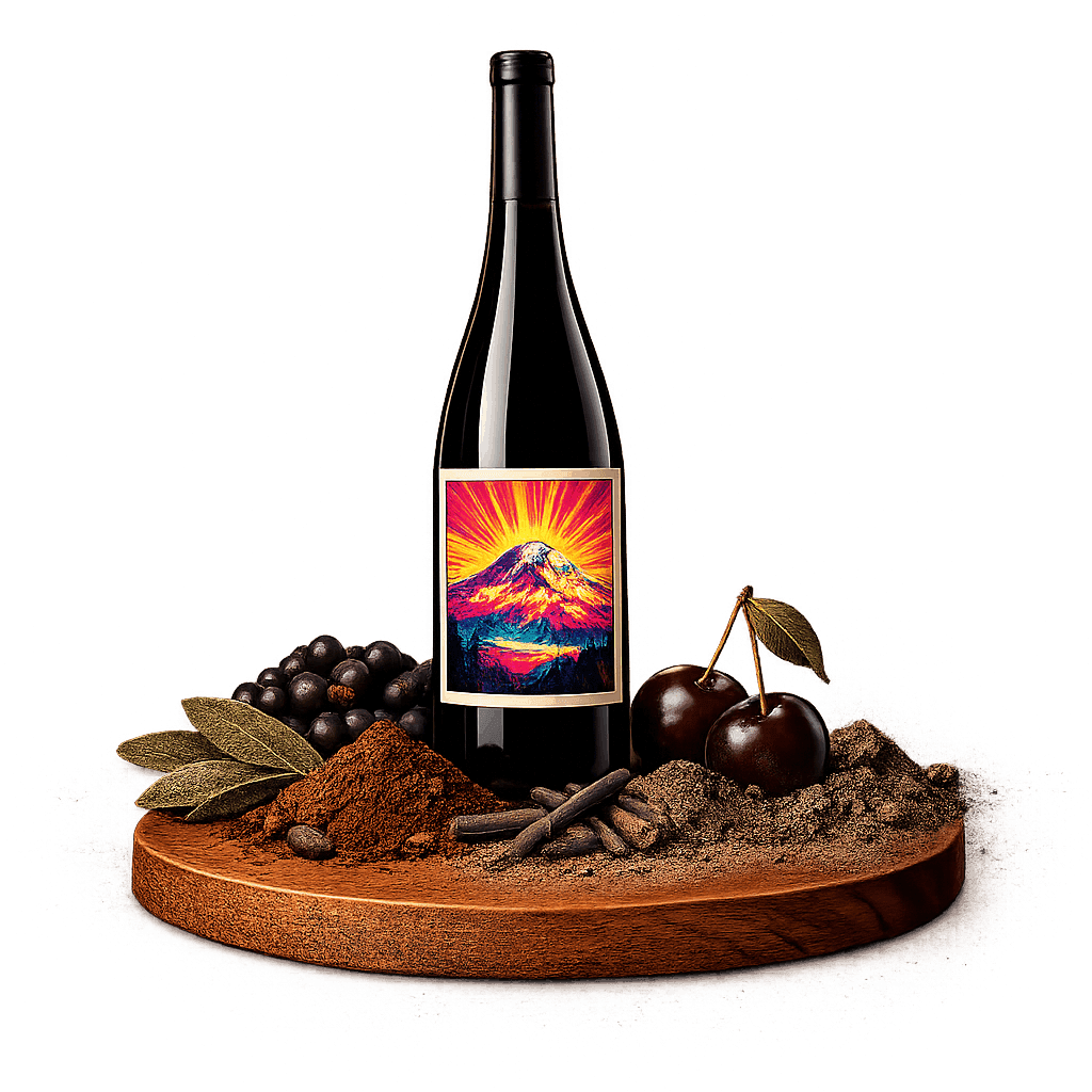 Artistic label and flavor profile for Washington Cabernet Sauvignon on a rustic wooden table.