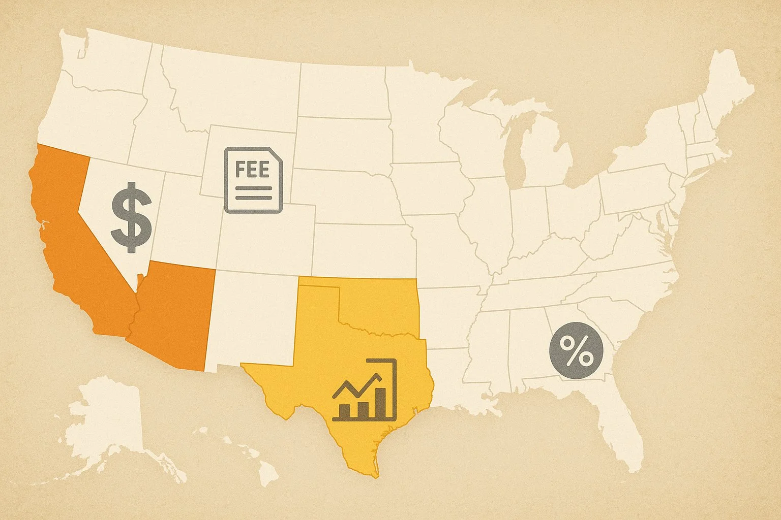 Map of the United States highlighting California, Delaware, Texas, and Nevada, with floating tax-related icons like dollar signs, fee documents, and graphs above each state.