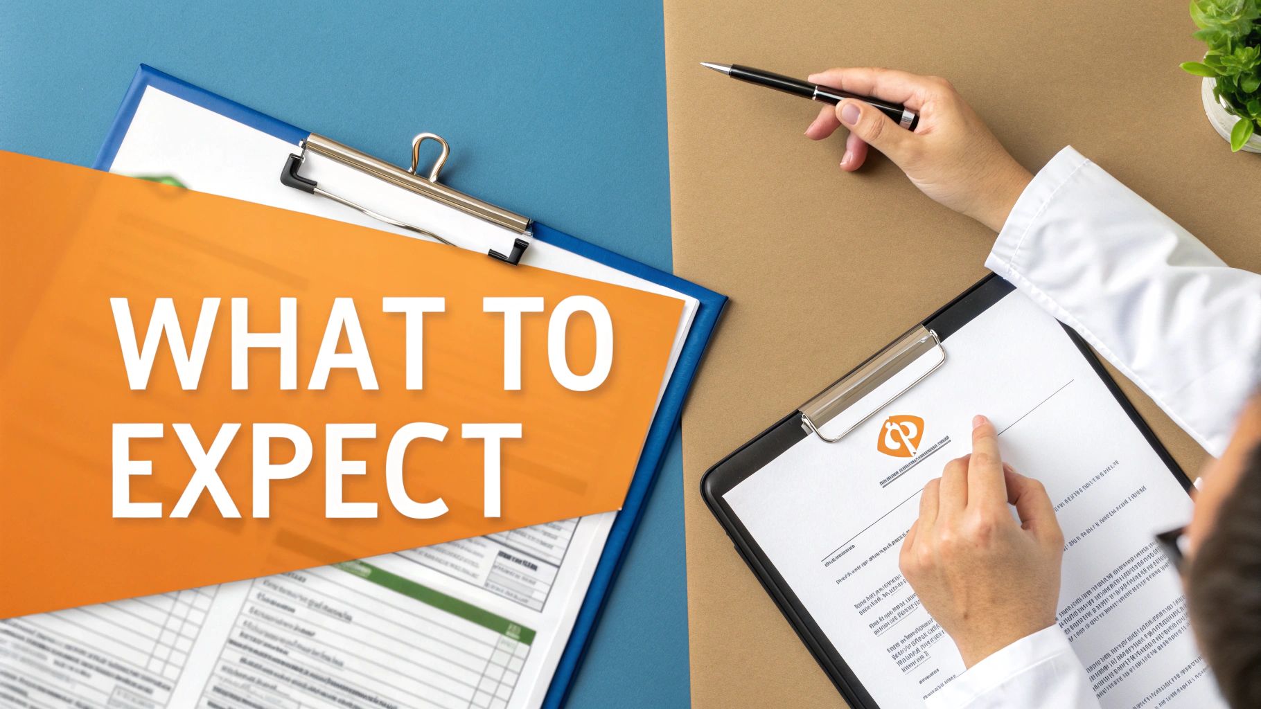 WHAT TO EXPECT text over a clipboard, next to a doctor's hands reviewing medical forms.