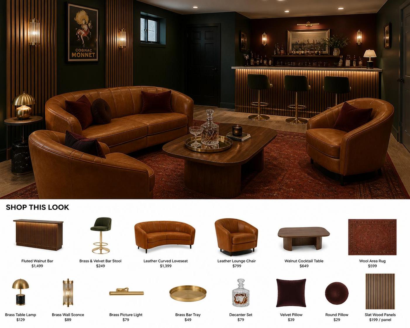 A "shop this room" mood board with an image of a basement speakeasy bar with a section below with each furniture and decor piece called out. 