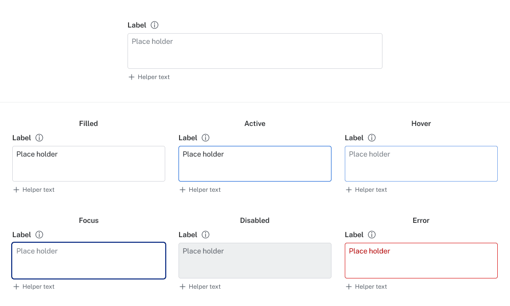 Estilo definido de área de texto, incluindo estados como hover, ativo, foco, desativado e erro.