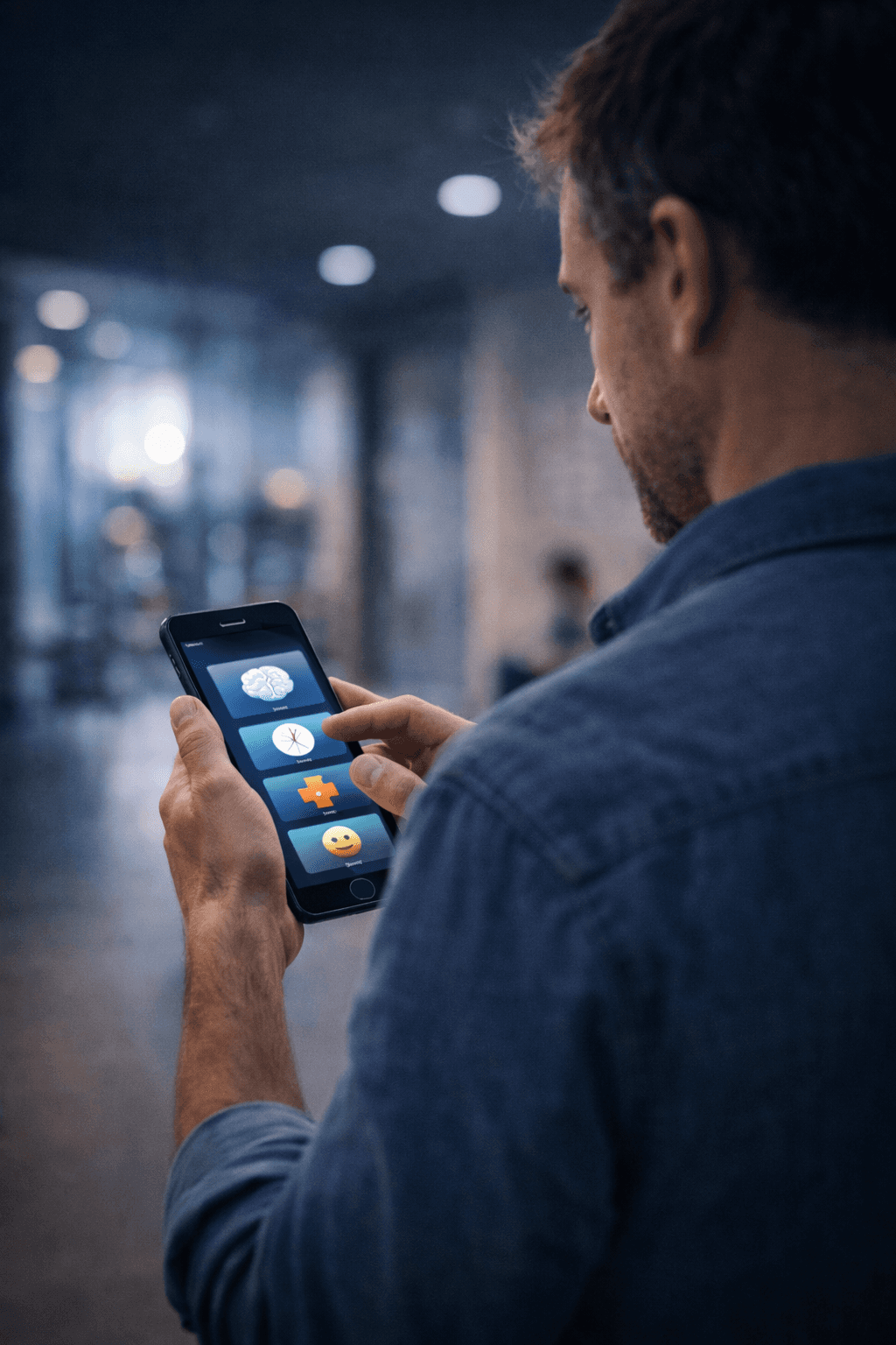 A man in a denim shirt is using a smartphone with various app icons on the screen, standing in a blurred indoor setting.