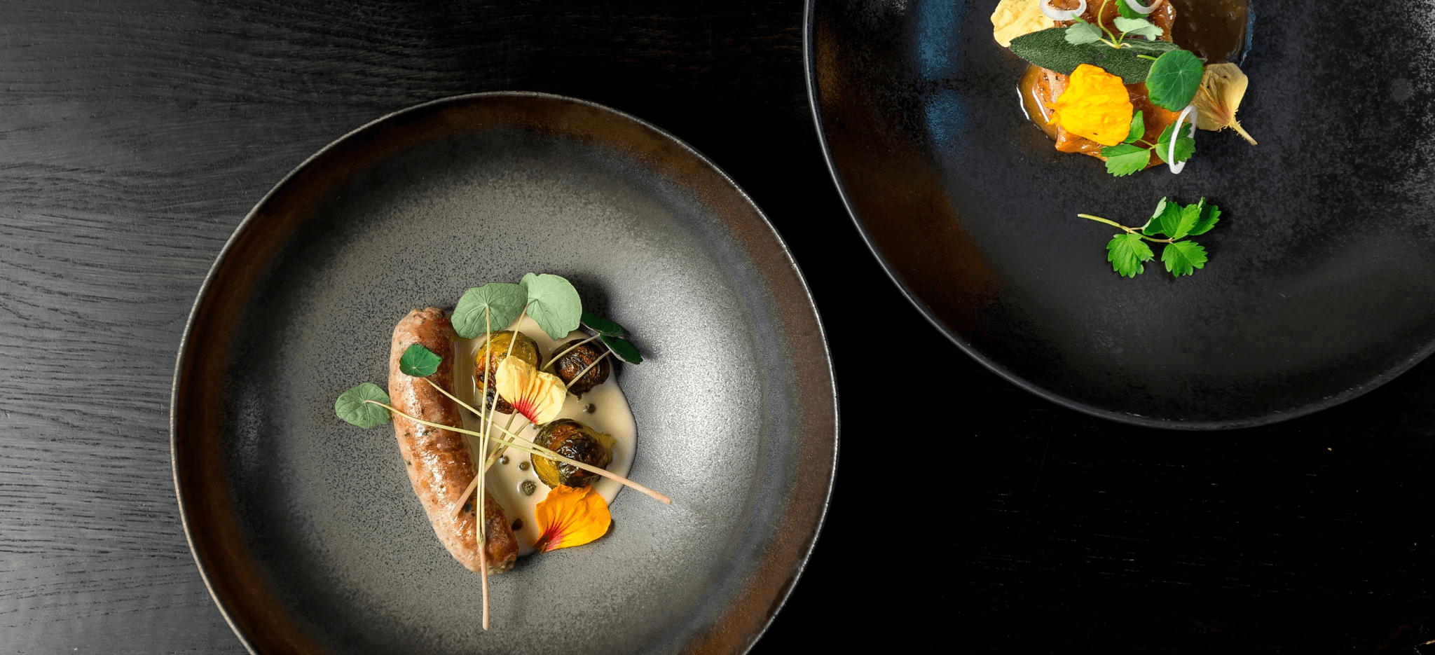 Zwei Fine-Dining-Gerichte auf dunklen Tellern beim B2B Private Dinner im Rijks