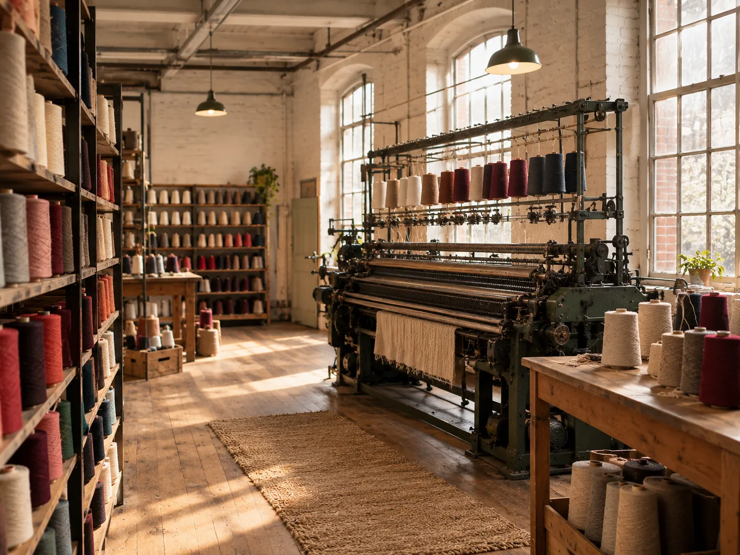 Spools of yarn and a knitting machine inside an old wool mill
